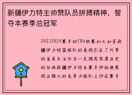 新疆伊力特主帅赞队员拼搏精神，誓夺本赛季总冠军
